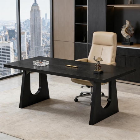 Toauuo 70.9" Executive Office Computer Desk, Rustic Retro Design, 1.1" Thick MDF Wood Tabletop, Waterproof Scratch-Resistant, Sturdy Wood & Metal Supports, Expansive Workspace, Easy Assembly