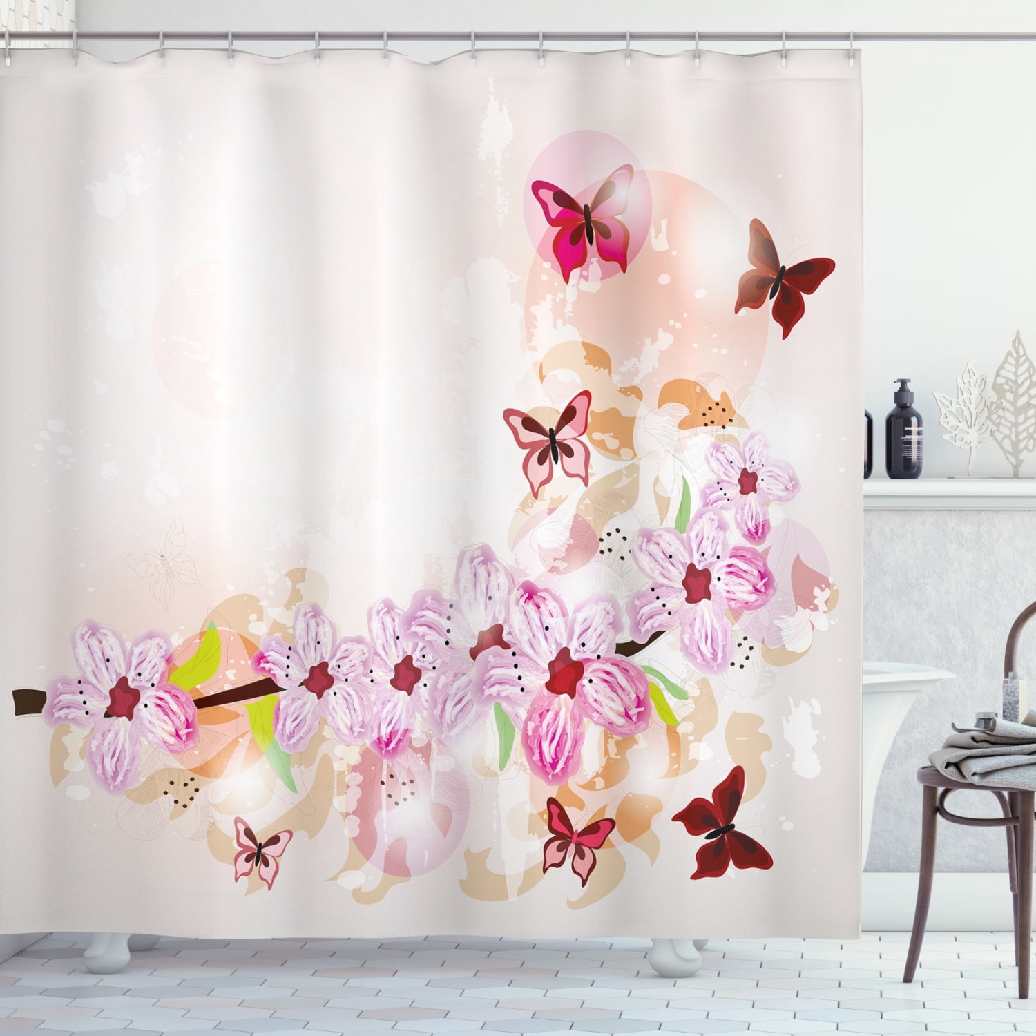 Flower Branch Cat Butterfly Shower Curtain Set Polyester Waterproof Fabric Hooks 