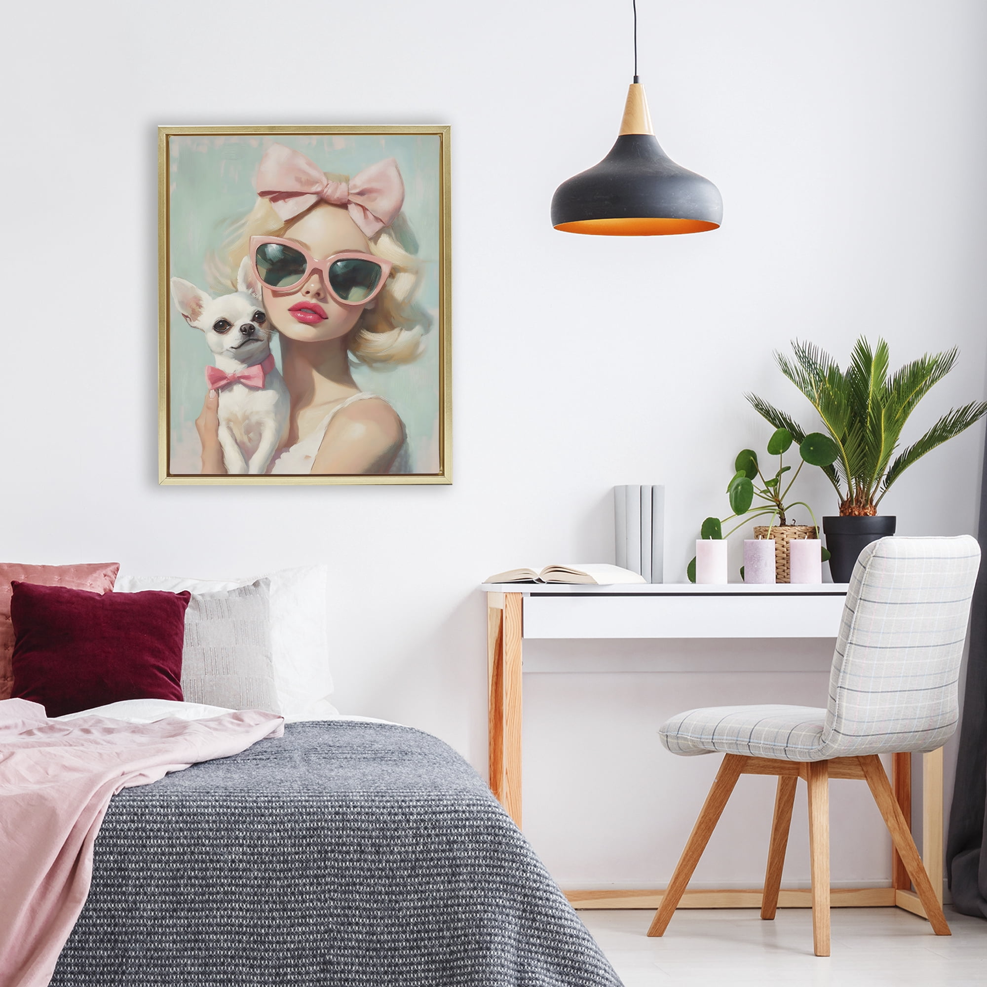 Stupell Industries Girl with Chihuahua Gold Framed Floater Canvas Wall Art, design by The Prints Vibe