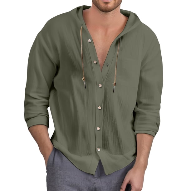 Camisa con capucha y botones de color liso para hombre: bolsillo en el pecho, corte holgado, tejido de poliéster, lavable a máquina, tallas S-XXXL