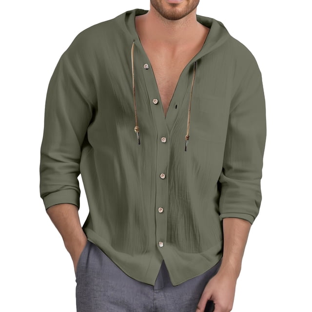 Camisa con capucha y botones de color liso para hombre: bolsillo en el pecho, corte holgado, tejido de poliéster, lavable a máquina, tallas S-XXXL