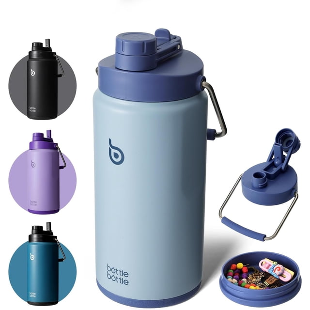 Insulated Water Bottle 64 oz with Straw and Dual-use Lid Half Gallon Water Jug Vacuum Stainless Steel for Workout Sports Insulated Beer Growler with Handle and Pills Holder Blue