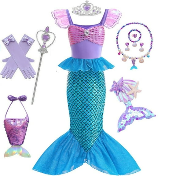 12PCS Little Girls Princess Mermaid Costume for Girls Dress Up with Accessory for Christmas Birthday Party 2-12 Years