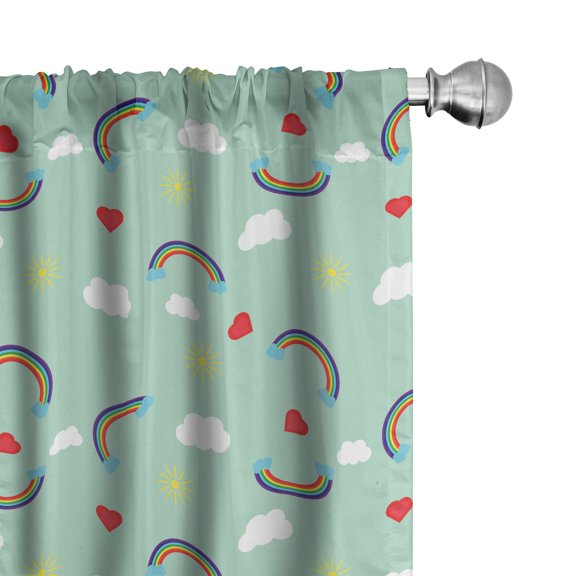 Ambesonne Cartoon Window Curtains, Rainbow Sky Clouds Heart, Each 28" W x 95" L, Mint Green Multicolor