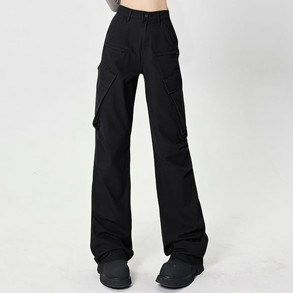 Ndbuld Womens Cargo Pants with Pockets Flap High Waisted Work Pants Multi-Pockets Versatile Straight Leg Pants Trousers L,Black
