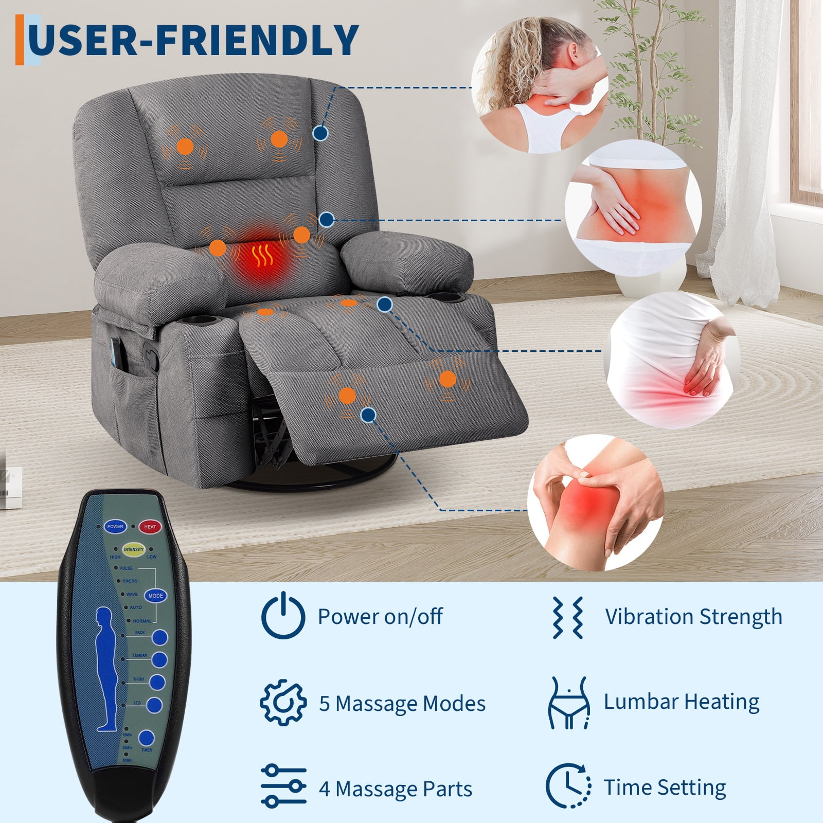 Massage Recliner Chair with Vibration & Heat - 360° Swivel Rocking Recliner, Cup Holders, Side Pockets, 350 lbs Support - Ideal for Living Room, Bedroom, Home Theater