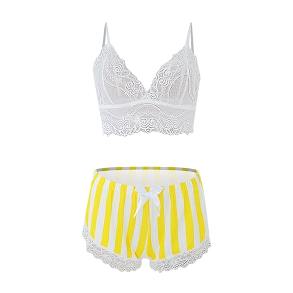 Levmjia Women Lace Striped Lingerie Two Piece Set Spaghetti Strap V Neck Bra Ruffle Shorts Outfit Multi Color Options Soft Breathable Sleepwear Spring Summer Bedroom Pajama Suit