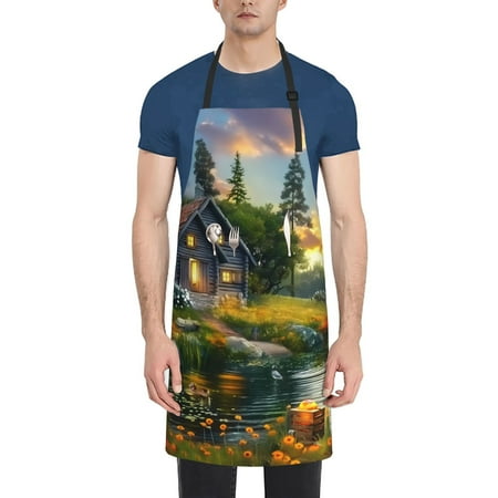 

Ocsxa Cozy Cottage Lakeside Sunset Apron With Pockets Kitchen Bib Waterproof Resistant Women Men Unisex Adjustable