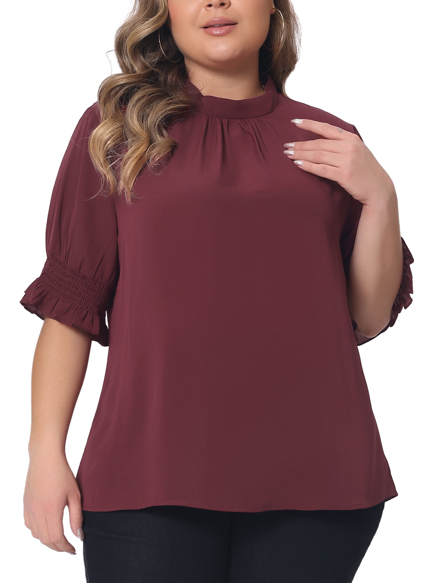 DARING DIVA Women's Plus Office Pleated Short Puff Sleeves Mock Neck Top 4X Burgundy