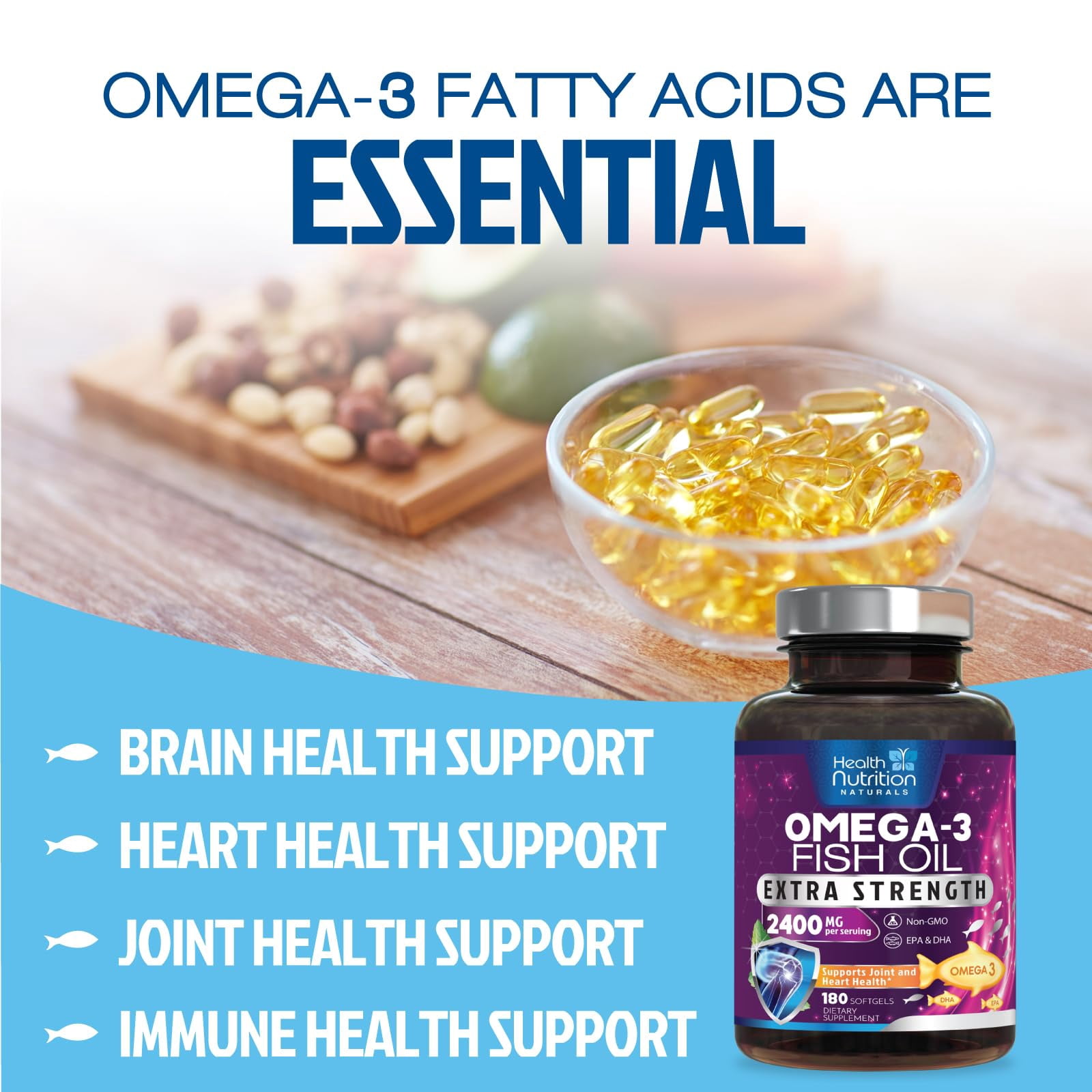 Omega 3 Fish Oil Supplements - 2400mg Fish Oil Per Serving - Triple Strength Omega-3 with EPA & DHA Fatty Acids - Natural Heart, Brain & Immune Support - Wild Caught, Bottled in USA - 180 Softgels