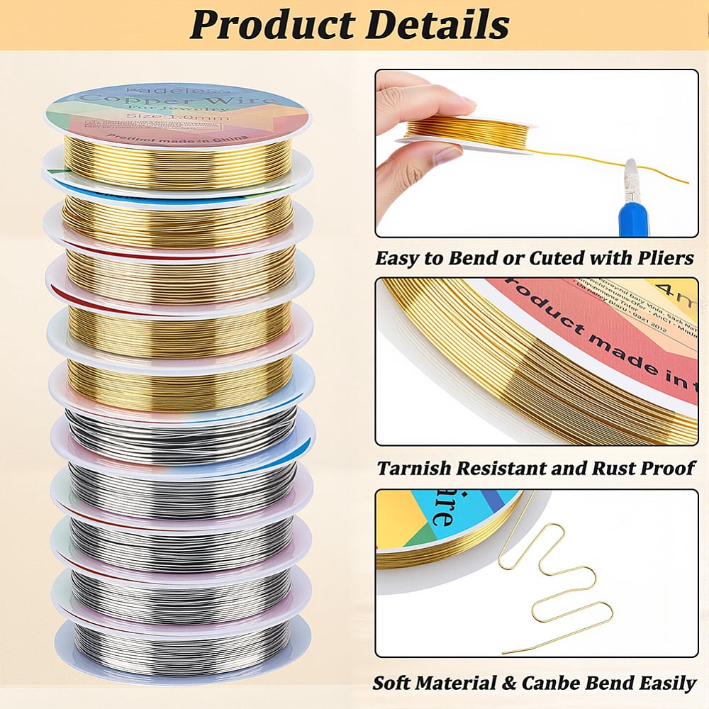 10 Rolls 10 Styles Round Copper Jewelry Wire Long-Lasting Plated Mixed Color 0.4~1mm 1 roll/style