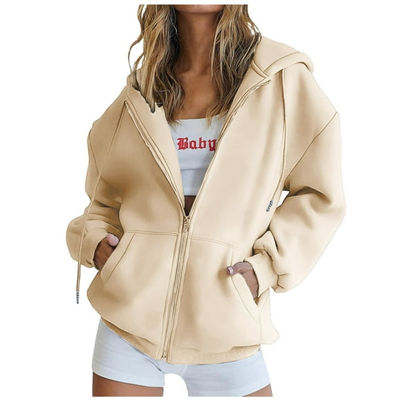 Wolfast Femmes Zip Up Manteaux Sweatshirts Automne Mode V-Cou Pull Vestes Hoodies Manches Longues à Capuche Tops, Beige, L