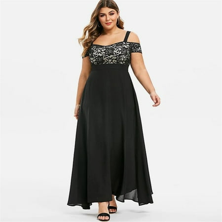 

ELFINDEA Womens Tops Plus Size Cold Shoulder Floral Lace Maxi Party Evening Camis Long Dress Black M