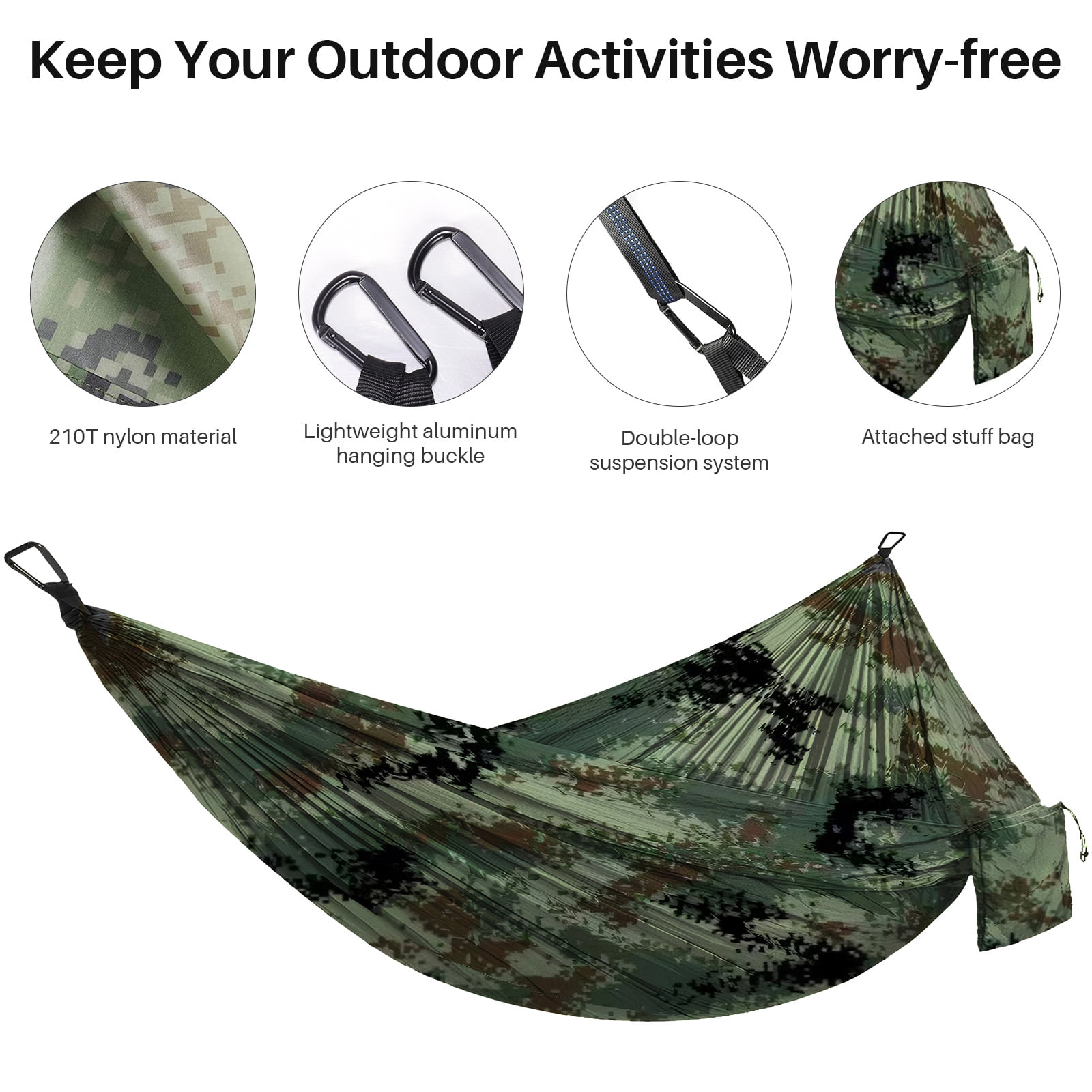 Topchances Camping Hammock, 210T Nylon Lightweight Single Hammock with 2 Tree Straps and Carry Bag, Great for Outdoor, Indoor Beach, Camping, Camouflage
