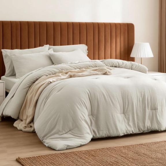 Beige King Comforter Set, Soft Bed in a Bag Queen Size 7 Pieces, Alternative Bedding for All Seasons, Breathable Marshmallow Prewashed Bed Set with Comforters, Sheets, Pillowcases & Shams