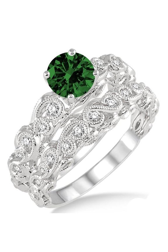 Art Deco Green Emerald 6mm Round Cut Moissanite Diamond 2 Carat Infinity Antique Bridal Set On 10k White Gold