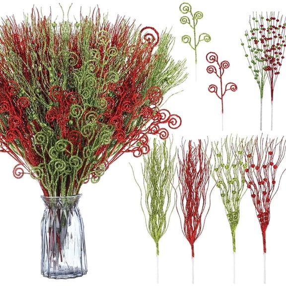 Triani 32Pcs Glitter Christmas Tree Picks 17" Artificial Glitter Curly Berry Stems Ornaments Red Green Fake Candy Picks Ornaments Branches for Xmas Tree Wreath DIY Crafts Vase Filler