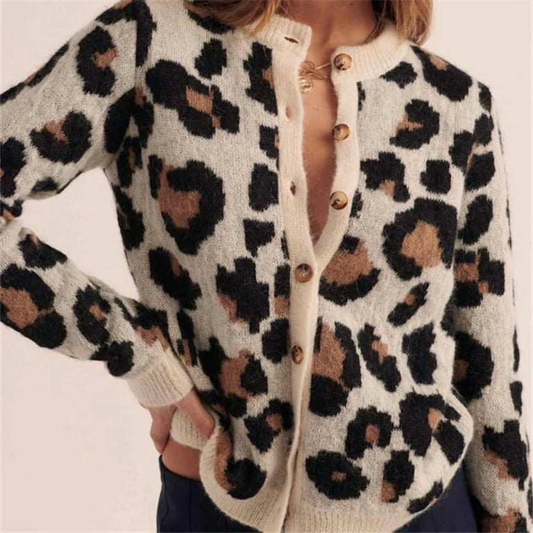 Women Open Front Leopard Cardigan Cheetah Print Knit Tops