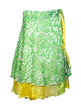 Mogul Women Magic Wrap Vintage Silk Sari Green Skirt Long Wraparound Skirts Dresses One Size