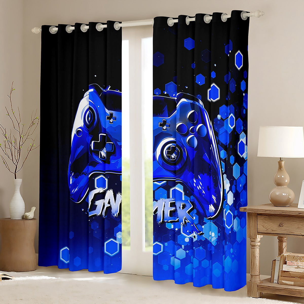 Erosebridal Blue Video Game Curtains and Drapes (38Wx54L),Geometric Honeycomb 30%-50% Blackout Curtains for Bedroom,Gamepad Gamer Curtains Pack of 2 (38Wx54L),Gradient Room Decorative