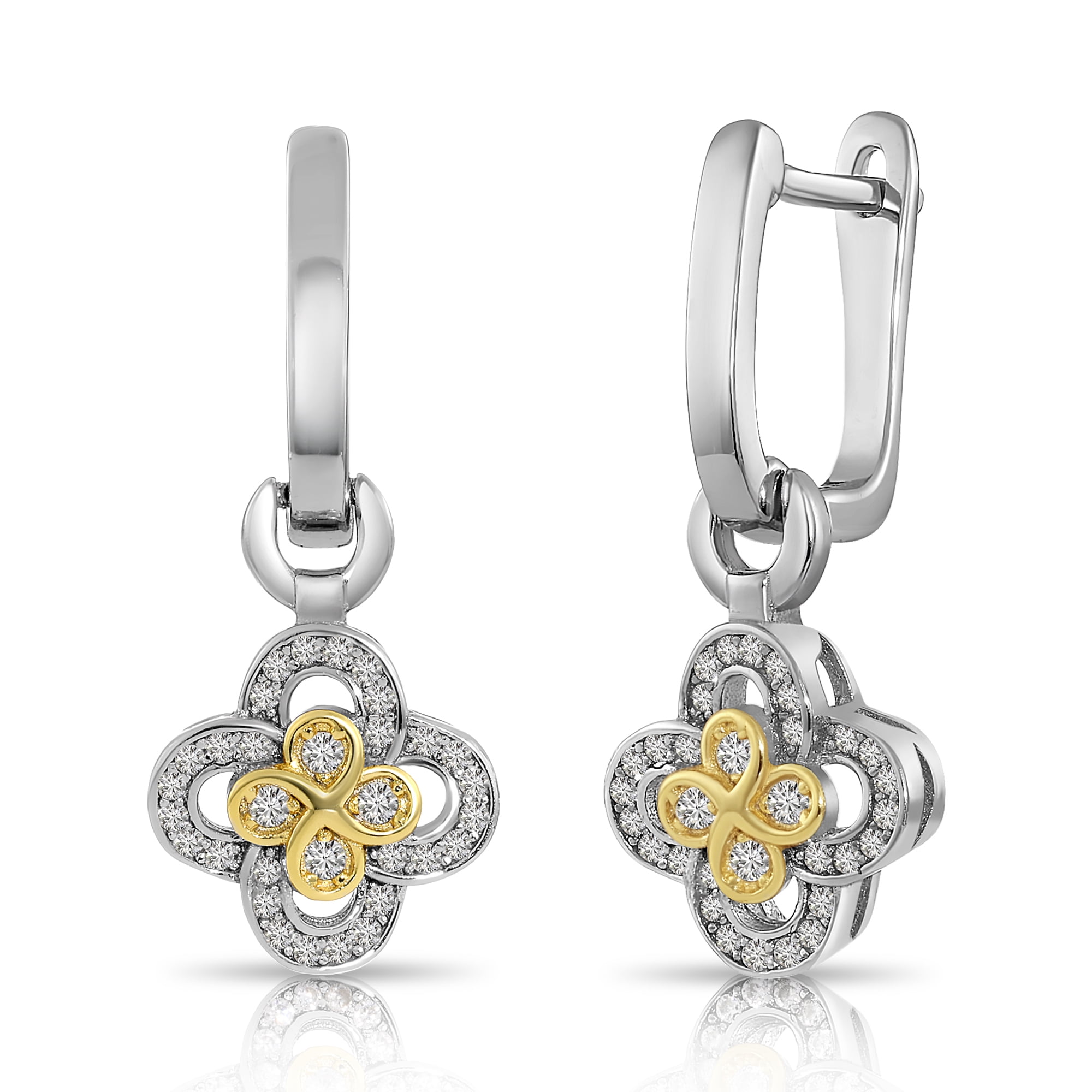 Tilo Jewelry Two-Tone Gold Plated 925 Sterling Silver Four Leaf Clover Flower CZ Dangle Drop Earrings| Secure English Lock-Latch Back | Everyday Statement Earrings for Women & Unisex