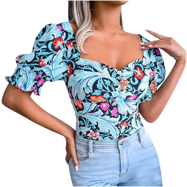 Moda mujer Casual manga larga estampado Floral gasa camisa anudada camisa linterna manga Tops Fridja gope4960
