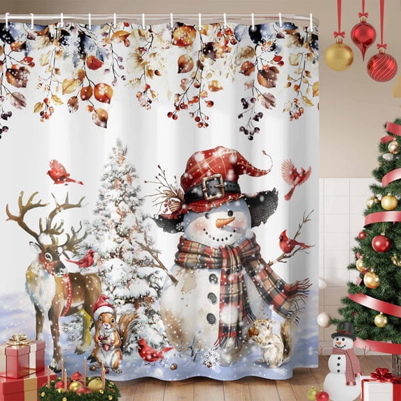 White Snowman Christmas Shower Curtain, Eucalyptus Leaves Xmas Tree Elk Snowflake Waterproof Fabric Shower Curtains with 12 Hooks, Bathroom Curtain Set for Bathroom Accessories Decor, 66 x 72 Inches