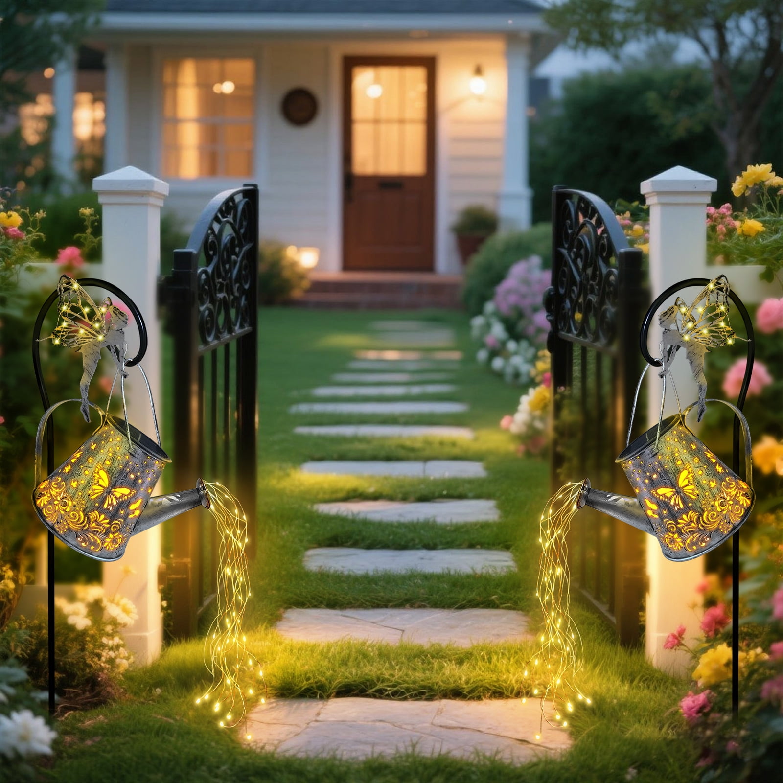 Solar Fairy Watering Can Lights, Butterfly Decorative Hanging Solar Lantern Lights with Hook, Waterproof Garden Lights for Outdoor Patio Yards Pathway Courtyards