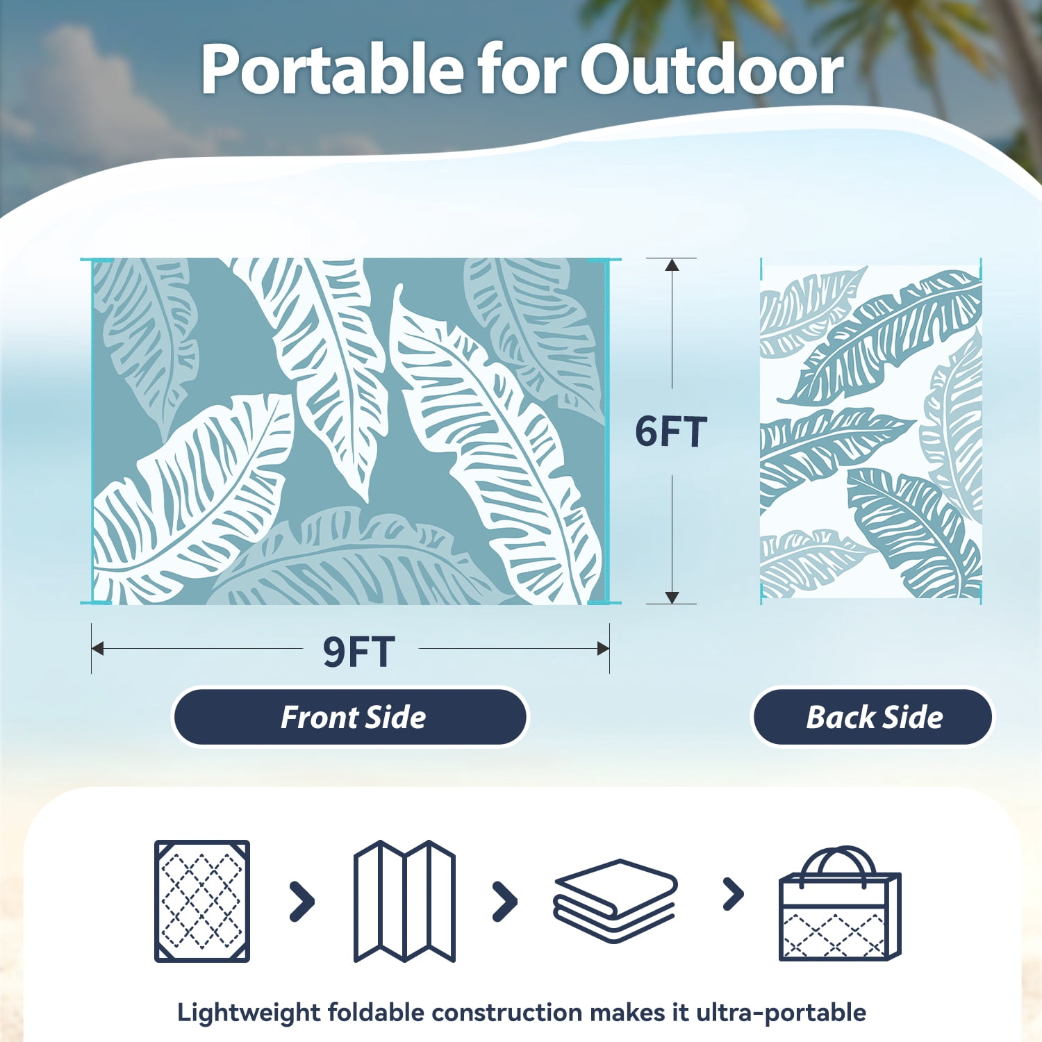 VUNATE Outdoor Rug Carpet 6'x9' Waterproof Reversible Patio Rug Portable Indoor Outdoor Rug Plastic Straw Rug for Beach RV Camping Garden Picnic Deck Backyard Tropical Porch Decor Blue and White