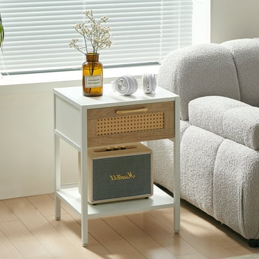 15.74" Rattan Nightstand with Drawer - Modern Bedside Table, Metal Legs, Storage Cabinet for Living Room, Bedroom, White (1 PC)