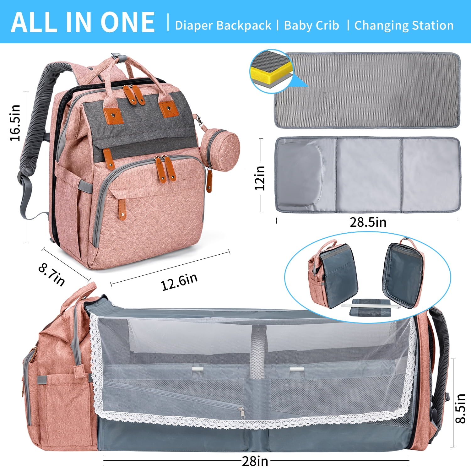 Diaper Bag Backpack with Changing Station, Large Diaper Bag, Baby Bag, Multifunctional Diaper Bag, Pink