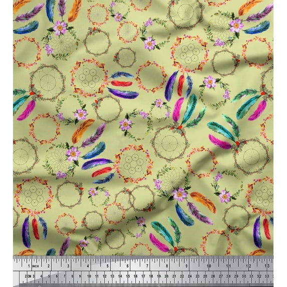 Soimoi Cotton Cambric Fabric Wreath & Dream Catcher Home Decor Fabric Prints by Yard 56 Inch Wide
