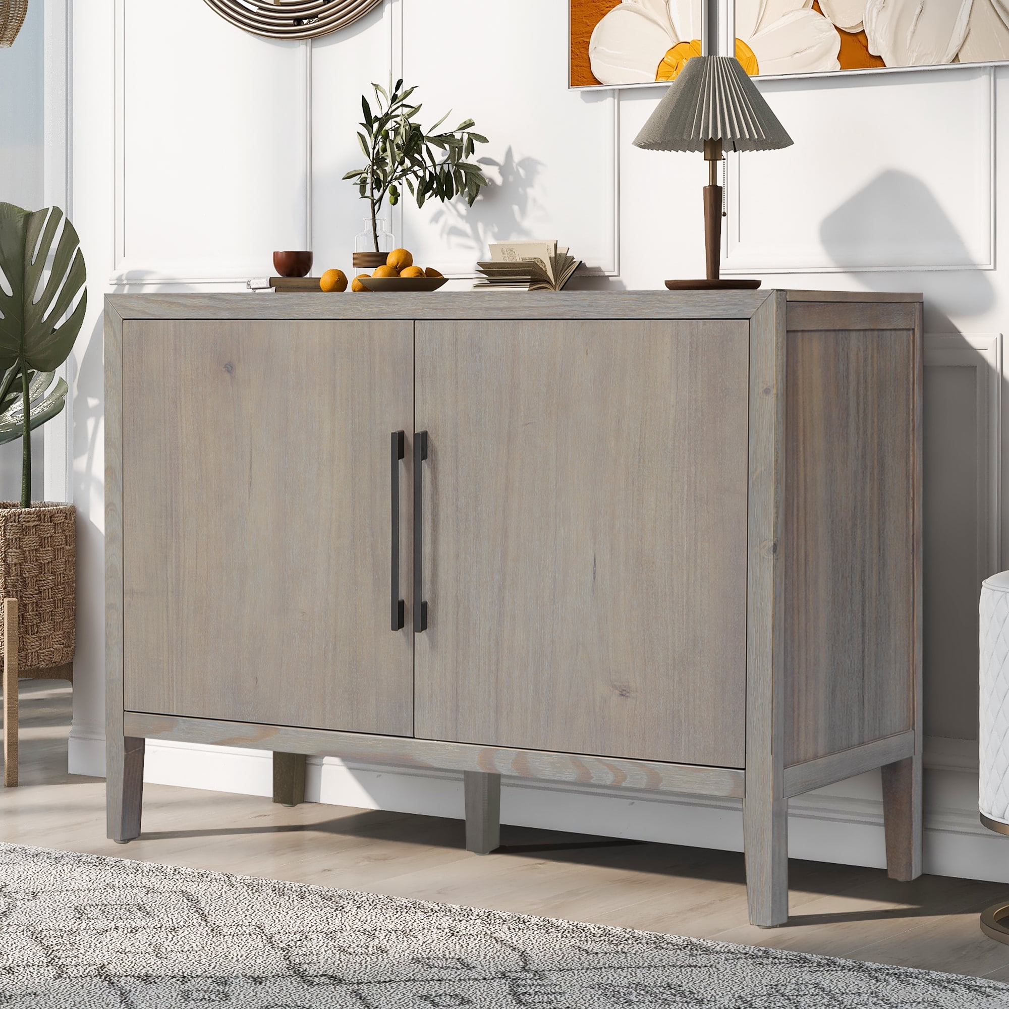 Mintazer 47.25" Farmhouse Sideboard with 2 Doors & Adjustable Feet, Wooden Storage Cabinet with Pine Veneer & Metal Handles for Entryway Living Room, Gray