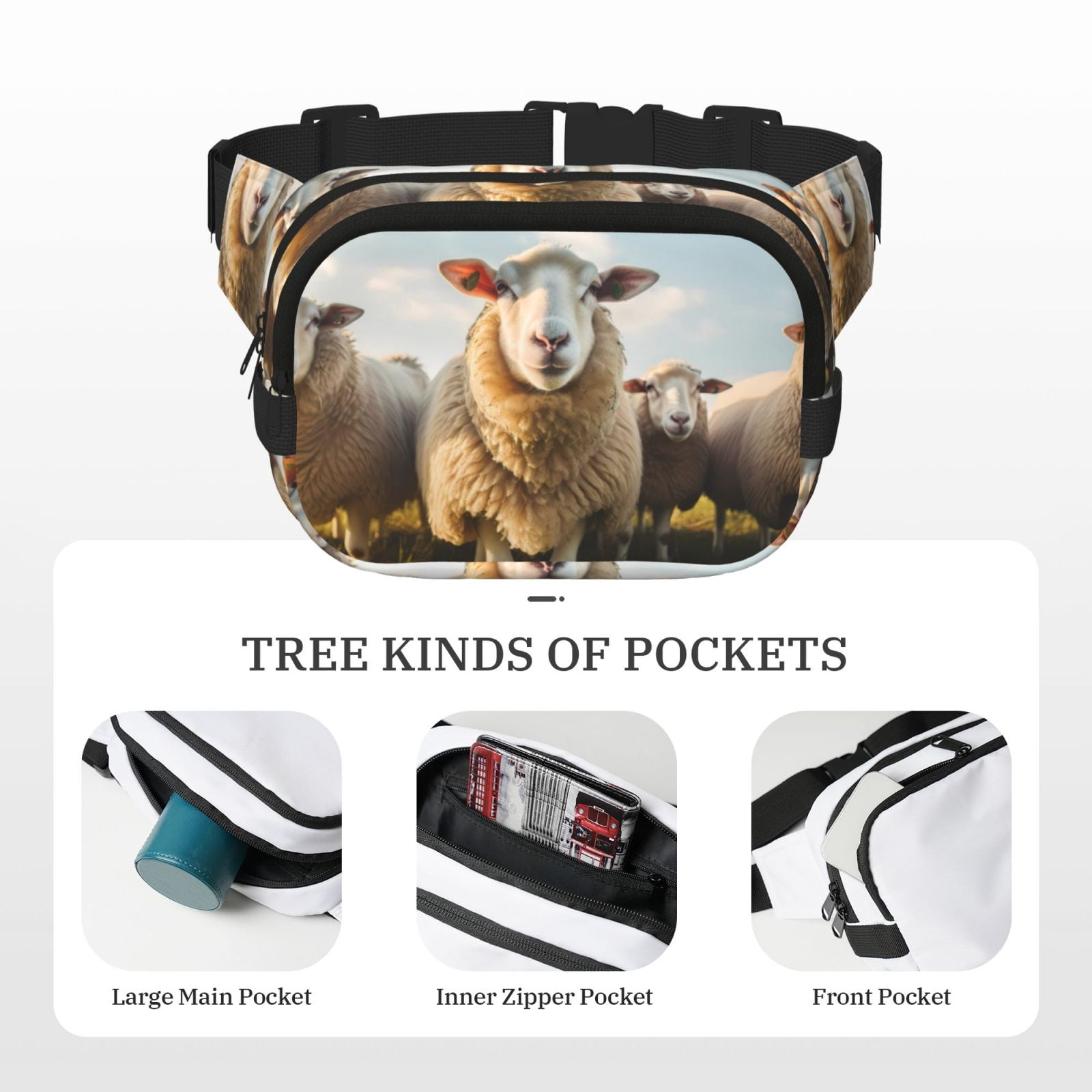 Picia Cute Prairie Sheep Herd Print Square Double-Layer Waist Bag Mini Adjustable Waist Belt Bag Exercise Running Travel Hiking