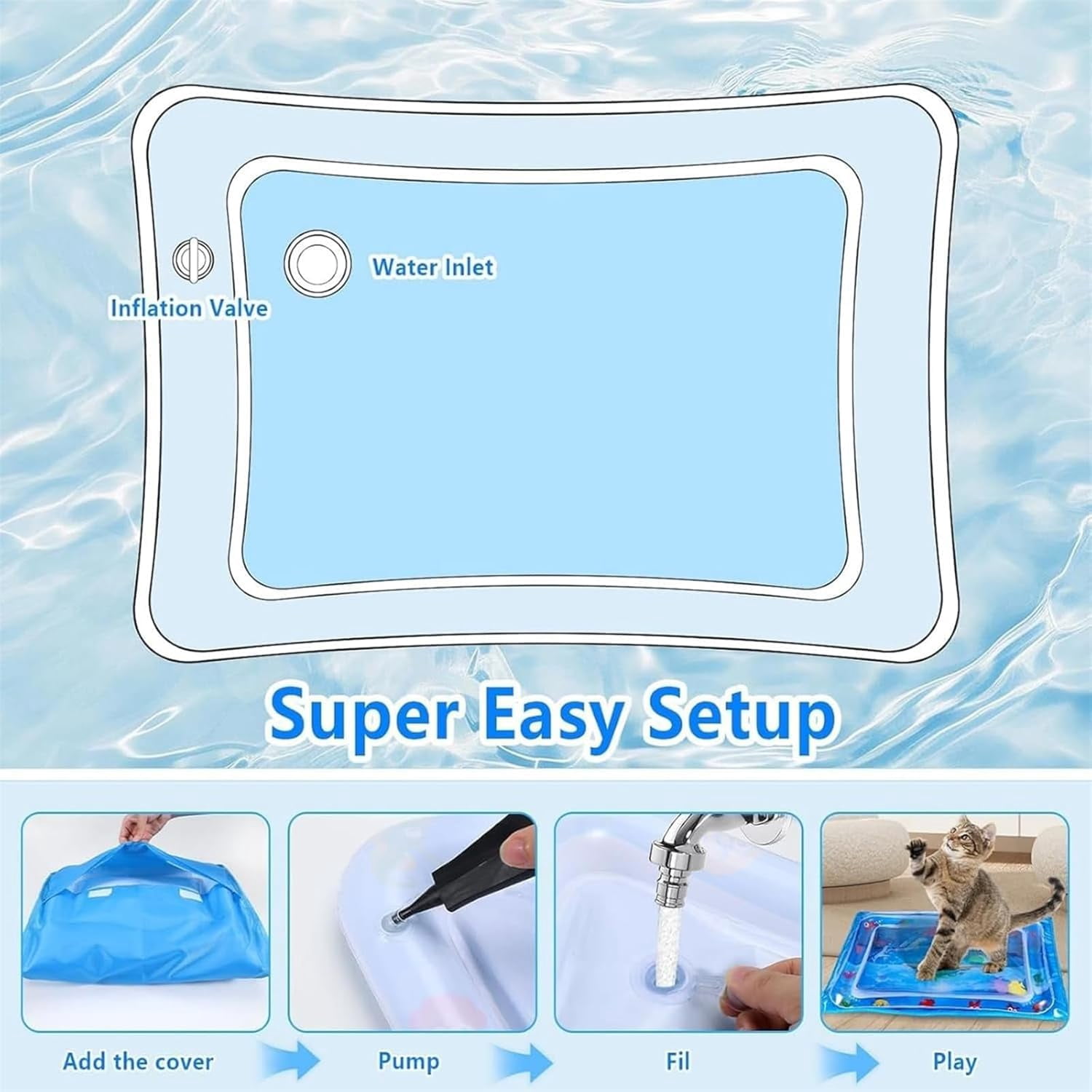 Glow Pad for Cats - 24in Light-Up Water Play Mat with LED Fish Toys, Spill-Resistant Thickened PVC Base for Floor/Tile Floors