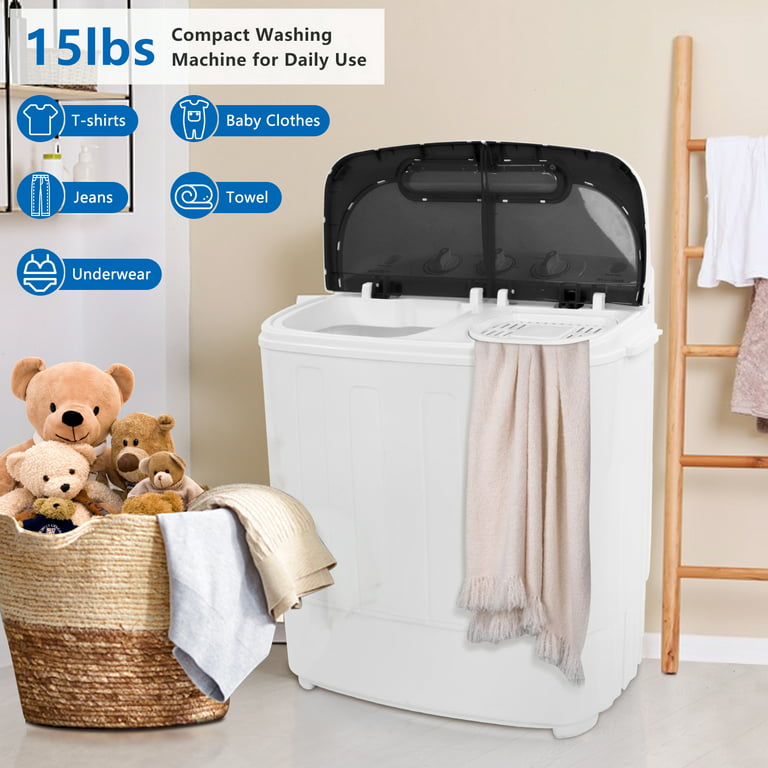 15LBS Portable Washing Machine, Compact Mini Washer Machine & Dryer Combo,  Built-In Gravity Drain, Small Twin Tub Washer With Spin Cycle For Laundry  Room, Apartments, Dorms, RV's (Grey)