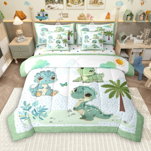 Manfei Cartoon Green Dinosaur 7-Piece Twin Bedding Sets, Leaf Plant Botanical Bedding Comforter Set, Teens Kids Boys Girls Reversible Sheet Sets, Breathable Home Decor