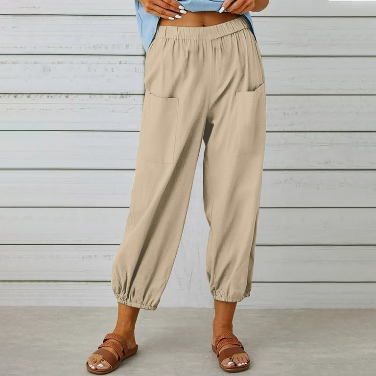 SMihono Women Casual Solid Color Bandage Pockets Elastic Waist Comfortable  Straight Pants Slim Fit Lightweight Sporty Fashion Lightweight Summer Pants