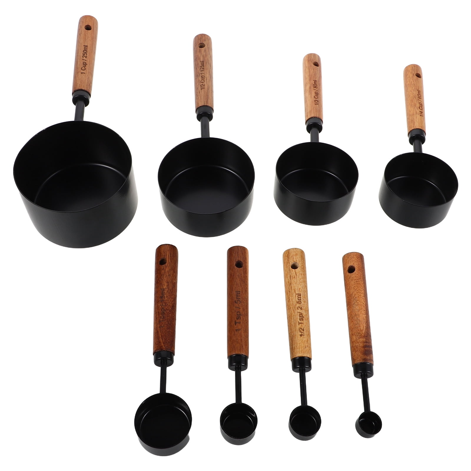 ETEREAUTY 8Pcs Stainless Steel Measuring Cups with Wood Handle Black for Home Kitchen Baking