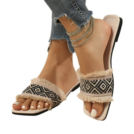 

Leesechin Summer Sandals Women Deals Flat Bottomed Sandals Ladies Color Matching Tassels Straight Line Shape Wearing Beach Slippers Inside/Outside Clearance
