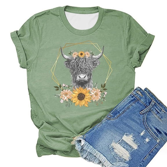 Womens Casual Crew Neck T Shirt Highland Cattle Print Short Sleeve Y2K Vacation Tees Crew Neck 2026 Fashion Tops