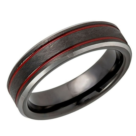 Men's Women's Tungsten Wedding Band Engagement Ring 6mm Red Line Textured Black Ring, SZ 7