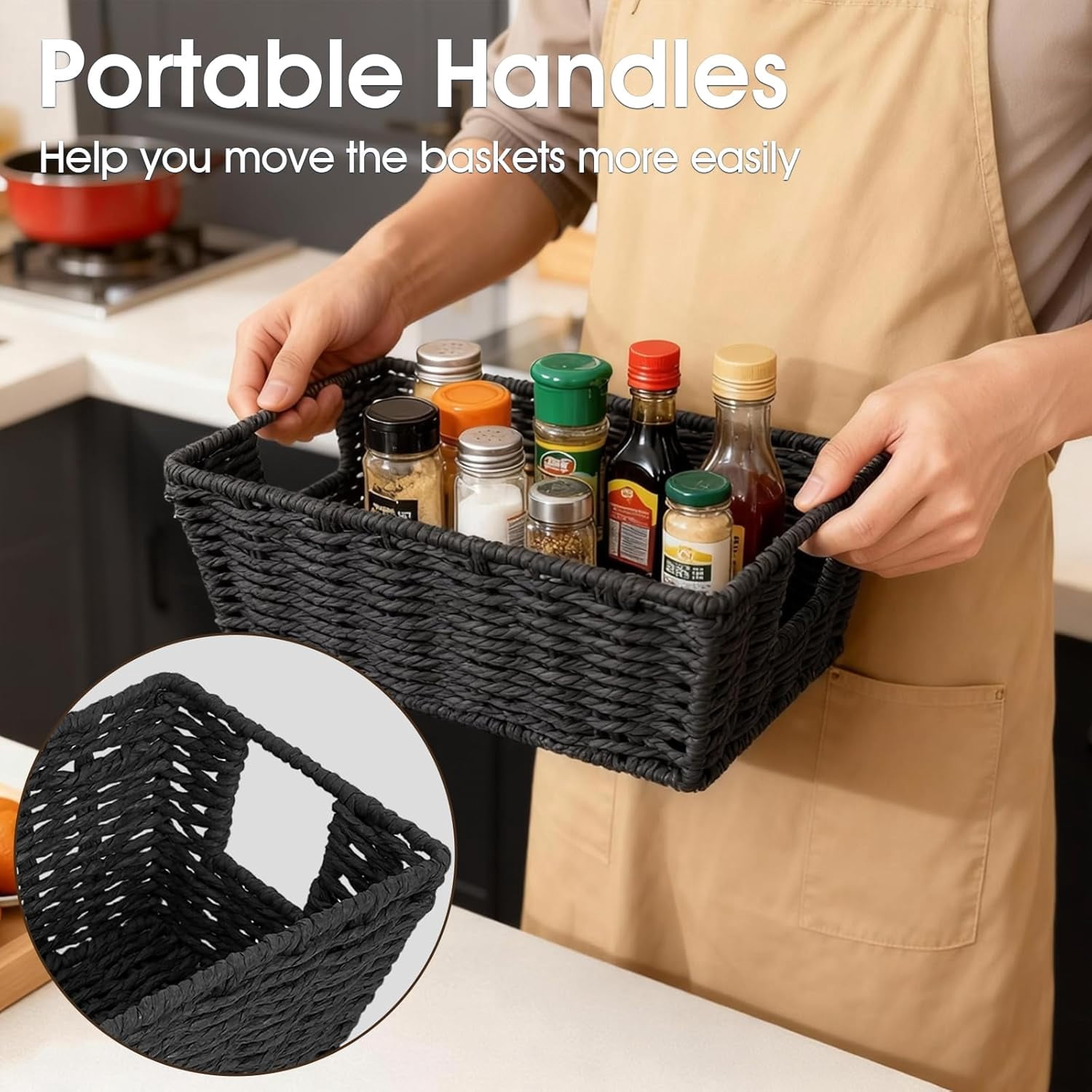 RGHJAR-Paper Rope Storage Baskets for Shelves Organizing, Small Hand Woven Wicker Organizer Basket with Handle for Bathroom Toilet Paper Storage, Black, 3-Pack