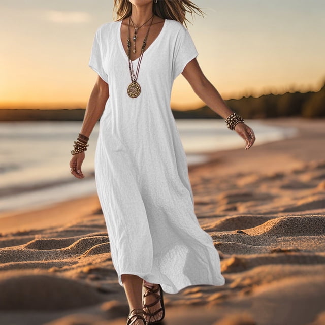 WILLBEST Vestido De Verano Para Mujer, Vestido Informal Holgado De Lino Con Cuello En V Y Manga Corta, Vestido De Día Cómodo De Color Sólido