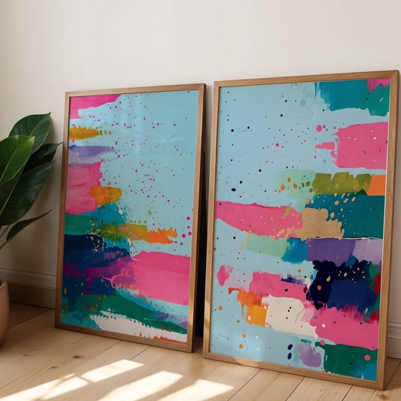 Vibrant Blue Pink Brushstroke Colorful Mid Century Wall Art Set 2 Unframed Paper Print 8x12