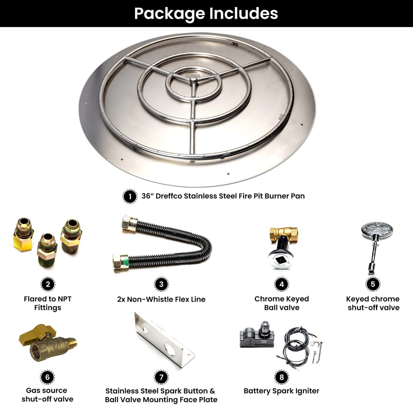 Dreffco Stainless Steel Fire Pit Burner Pan & Ring Deluxe Kit for Natural Gas, 36-Inch Pan, 30-Inch Ring, 200,000 BTU Max