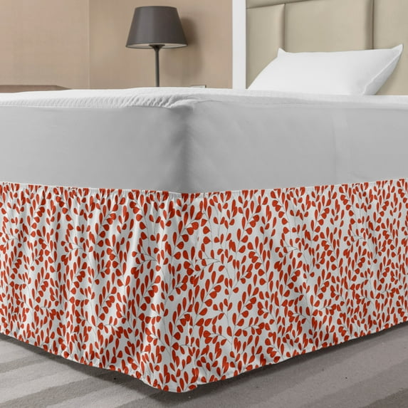 Autumn Bed Skirt, Repetitive Fall Curved Leaves Items on Plain Background Print, Elastic Bedskirt Dust Ruffle Wrap Around for Bedding Decor, 4 Sizes, Vermilion Charcoal Grey, by Ambesonne