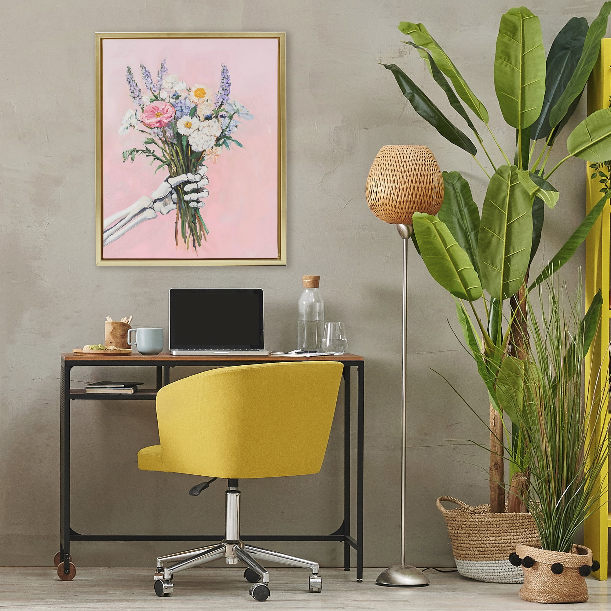 Stupell Industries Skeleton Hand Holding Flowers Gold Framed Floater Canvas Wall Art, design by The Prints Vibe