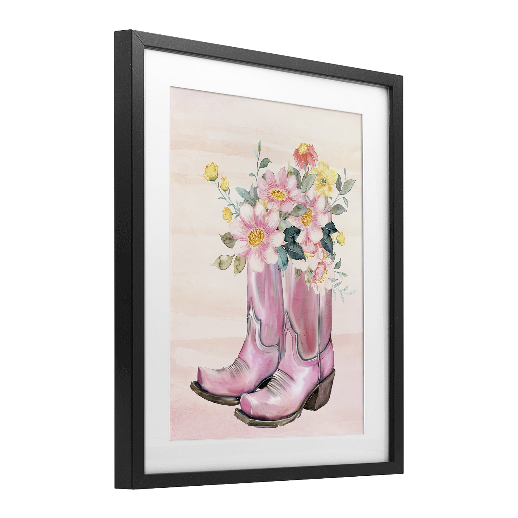 Wildflower Floral Boots Black Framed Print Under Glass, design by Kim Allen