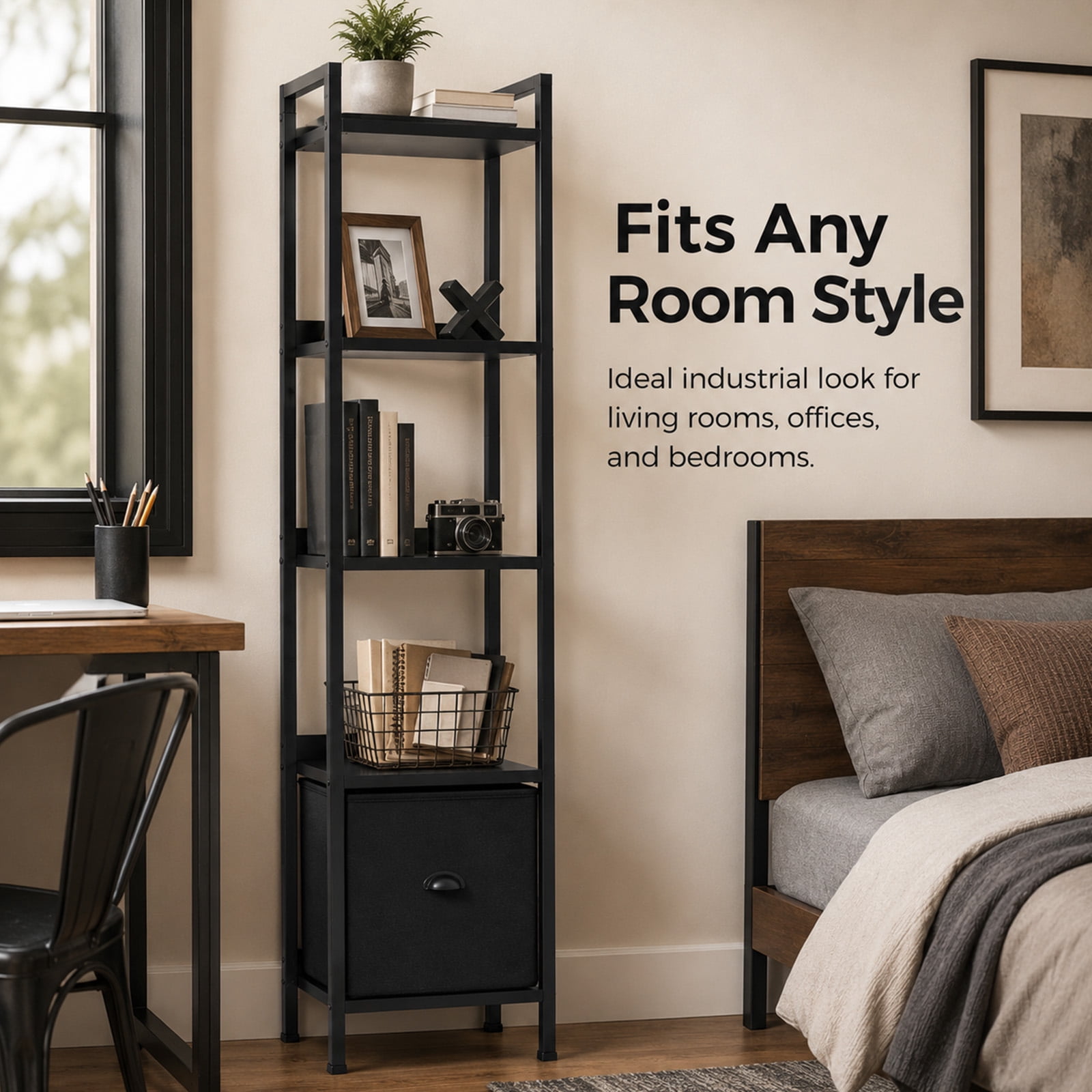 Alvantor 5-Tier Bookshelf, Industrial Bookcase with Drawer, Space-Saving Storage Bookcase for Bedroom, Living Room & Home Office